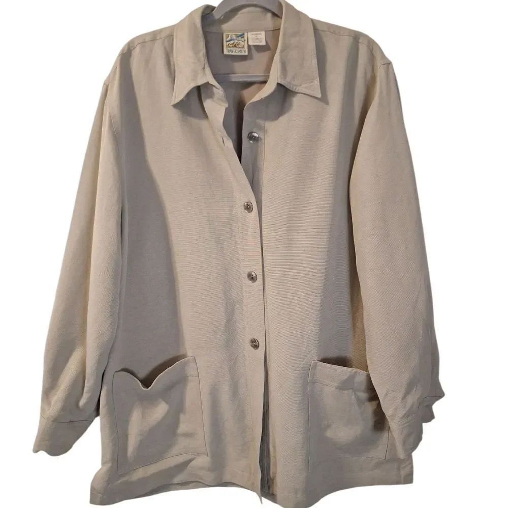 TravelSmith womens 100% silk shirt jacket blazer shaket khaki tan size XL